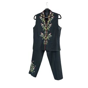 SilkLand Black Pantsuit with Colorful Embroidery